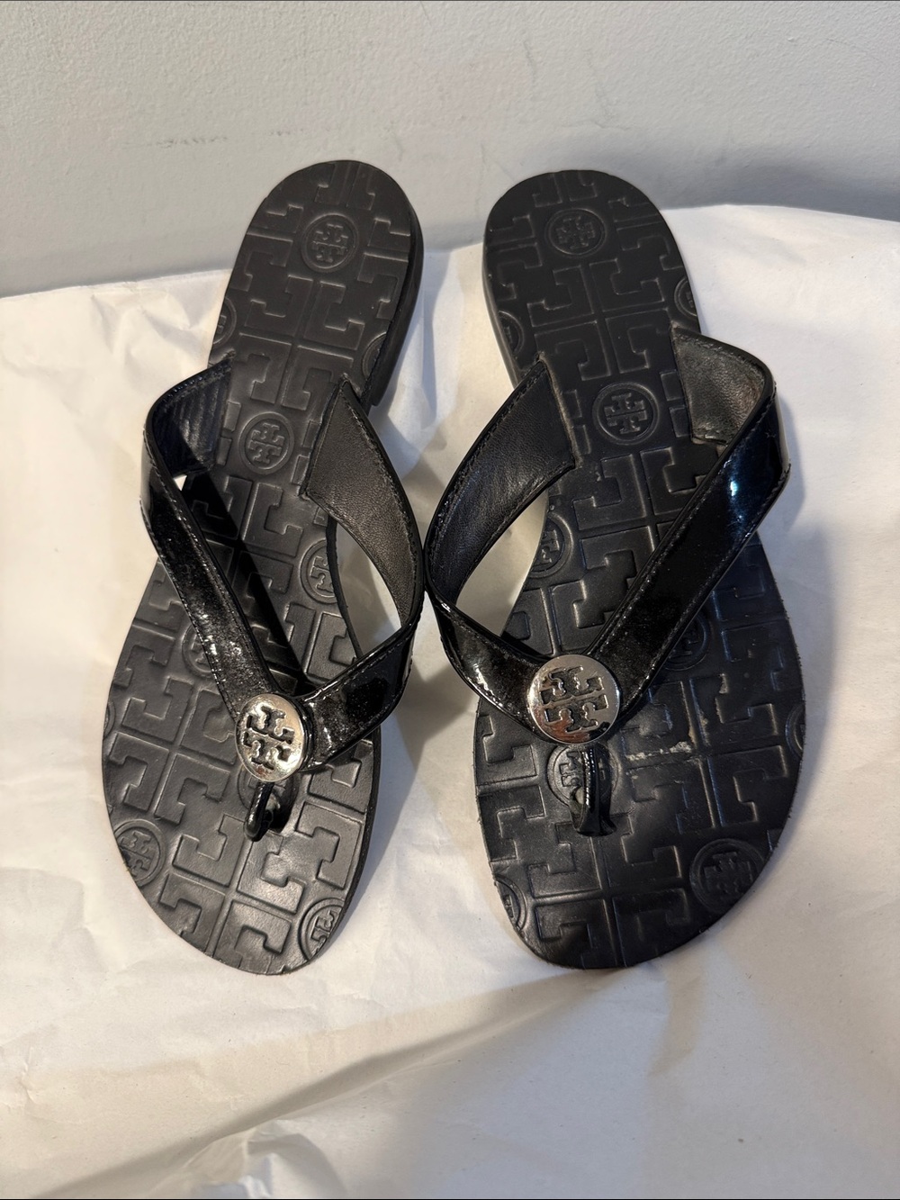 Tory Burch Black Patent Thong Sandals with silver  Logo Button